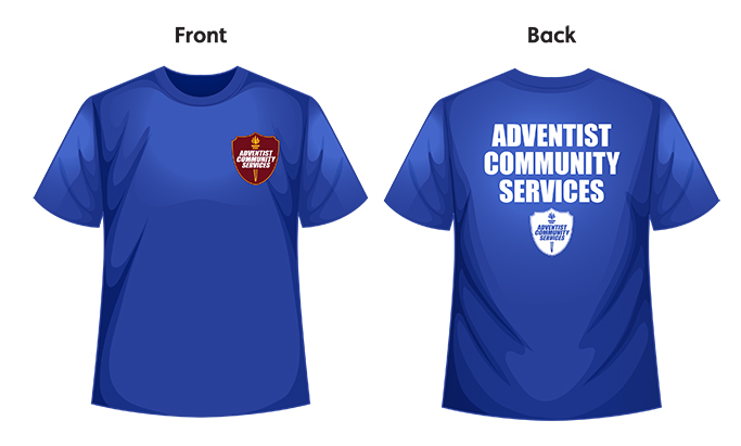 Adventist Community Services Royal Blue T-shirt with 3-Color Logo and Full Back print