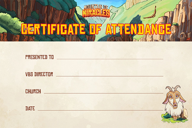 Mountain of Miracles VBS Certificate of Attendance (pkg of 10)