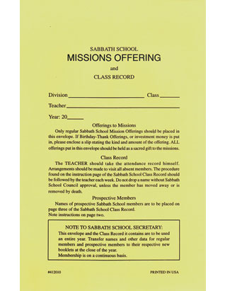 Sabbath School Mission Offering/Class Record Envelope