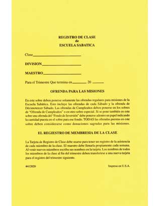 Sabbath School Mission Offering/Class Record Envelope (Spanish)