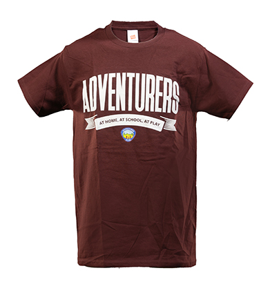 Adventurer T-shirt: At Home, At School, At Play (Maroon)