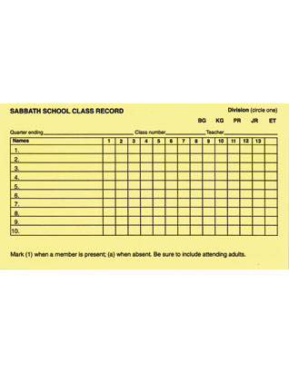 Children's Sabbath School Class Record Card